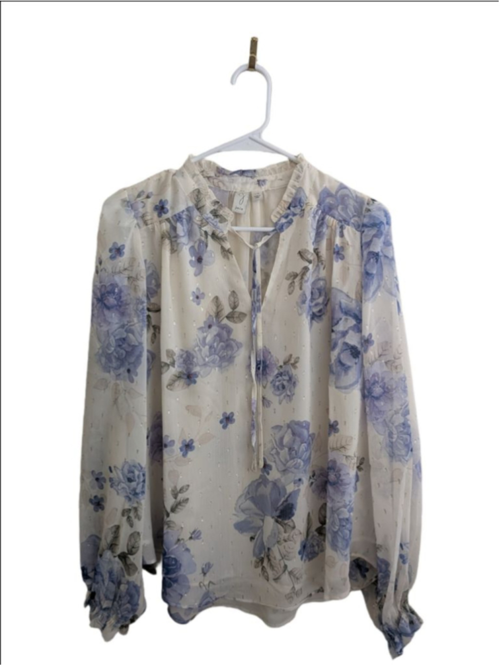 Joie Womens Large Blue Floral Sheer Tie Neck Boho Peasant Blouse Top L - Picture 3 of 7